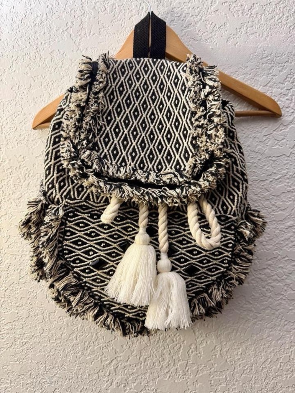 Evelyn K New York Boho Woven Beaded Backpack Fringe Tassel Diamond Geometric
